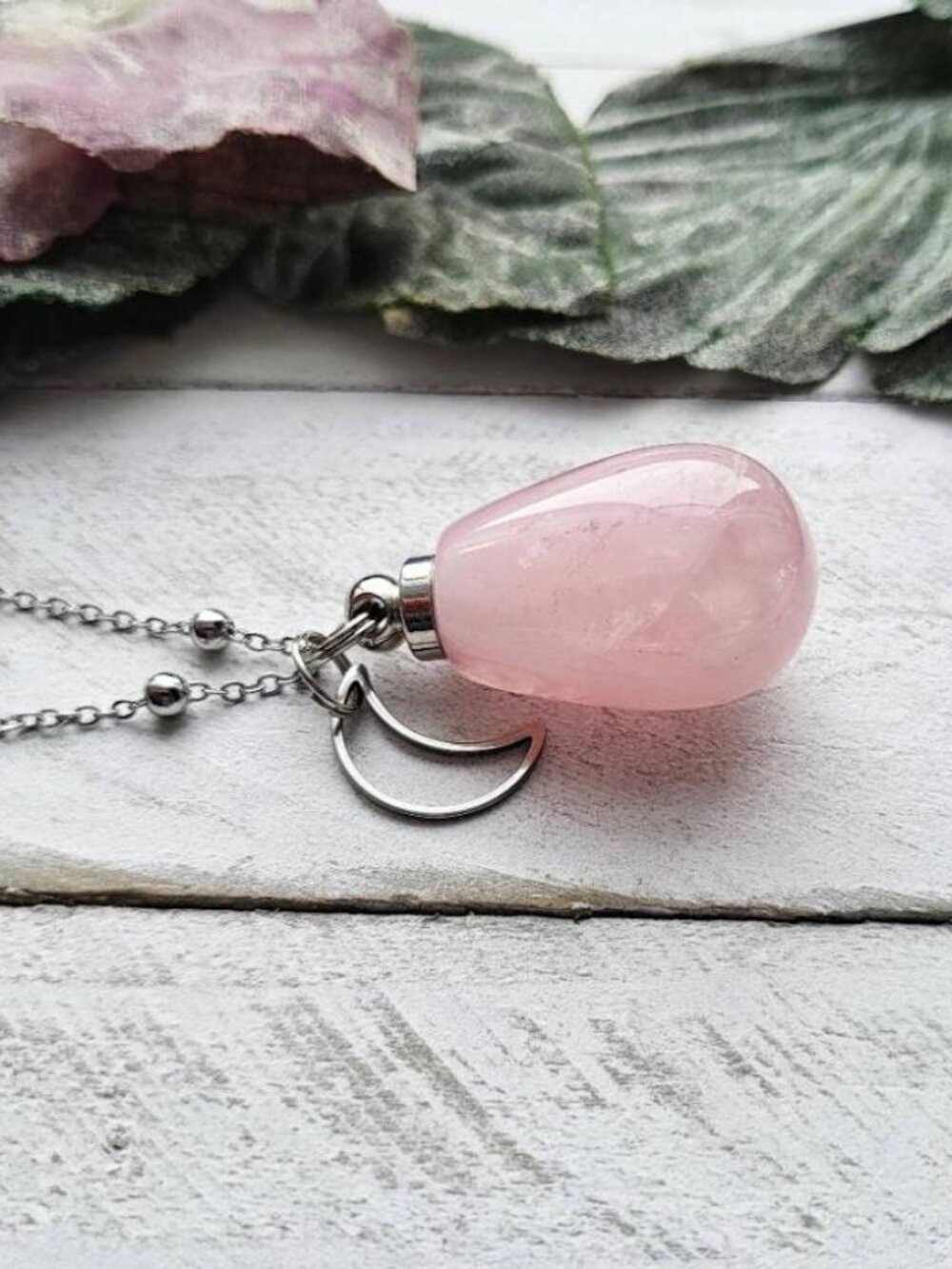 Rose Quartz Perfume Bottle Necklace Moon Pendant